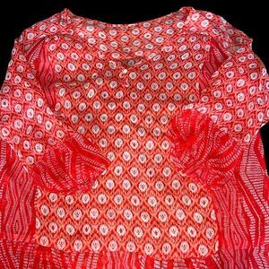 Lucky Brand Orange White Ikat‎ Sheer Rayon Boho Blouse Top M